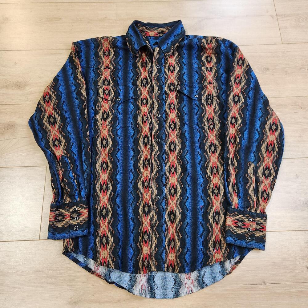 Wrangler Western Shirt Mens Large Blue Aztec Geometric Long Sleeve Button Cowboy